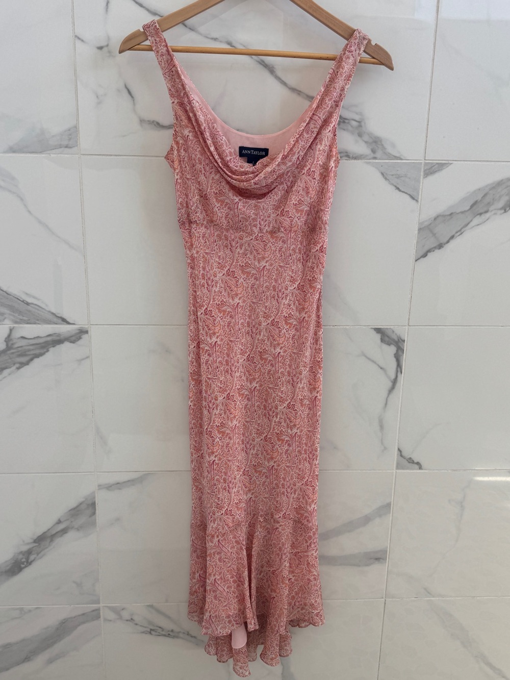 Vintage 100% silk Ann Taylor pink paisley Cowl-Neck dress - wedding guest vibe
